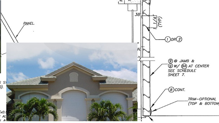 A partial blueprint is overlaid with a photo of a house exterior featuring an arched window and palm trees.